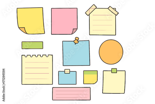 Set of colorful sticky notes. Post it paper for memo and reminders. Office stationery supply for to-do list. Blank message sticker collection. Vector cartoon illustration.