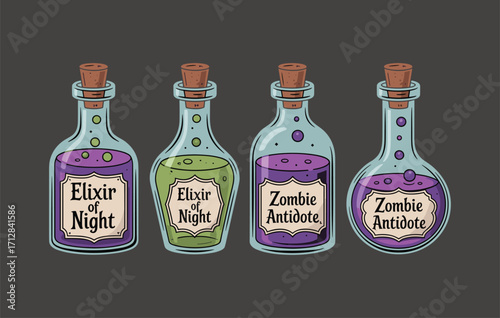 Halloween potion bottles with magical elixir of night and zombie antidote, spooky cartoon glass jars with cork stoppers, purple green mystical drinks