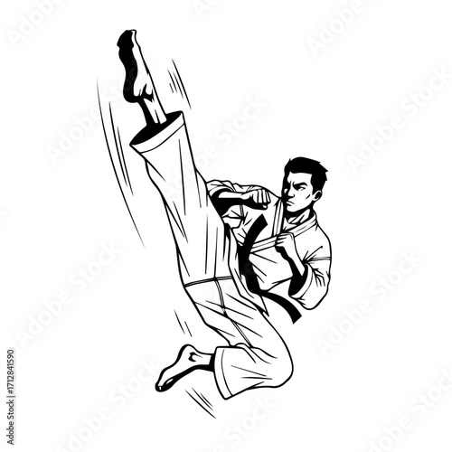 Dynamic Black and White Illustration of a Karate Practitioner Performing a High Kick.