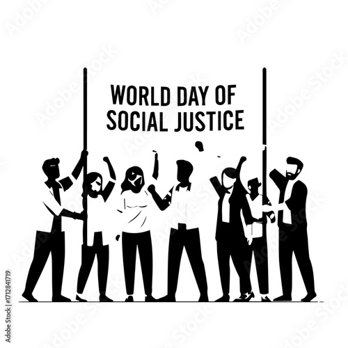 Silhouetted Group of People Holding Banner Celebrating Social Justice Day.
