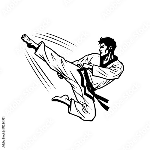 Dynamic Black and White Illustration of a Taekwondo Practitioner Performing a High Kick.
