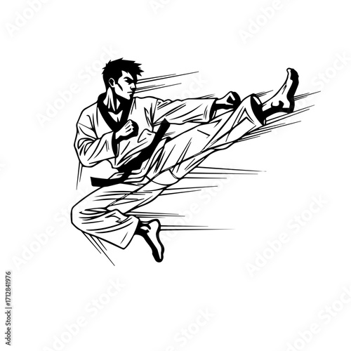 Dynamic Black and White Illustration of a Taekwondo Practitioner Performing a High Kick 2.