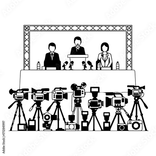 Silhouetted Journalists and Cameras Capturing a Press Conference with Speakers.