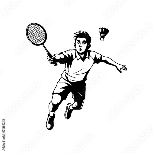 Dynamic Black and White Illustration of Badminton Player in Action Hitting Shuttlecock.