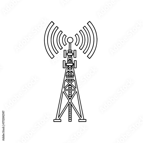 Outlined Black and White Communication Tower with Antenna and Signal Waves.