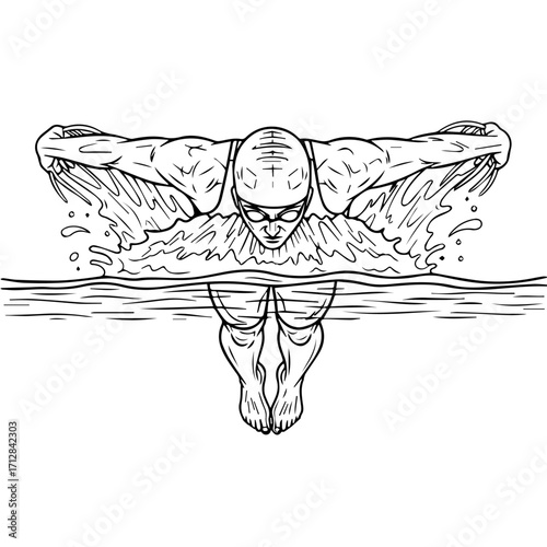 Overhead View of a Swimmer in Butterfly Stroke Black and White Illustration.