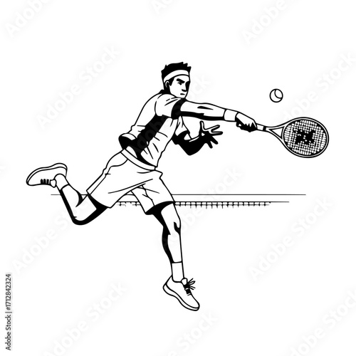 Dynamic Black and White Illustration of Tennis Player Hitting Ball with Racket.