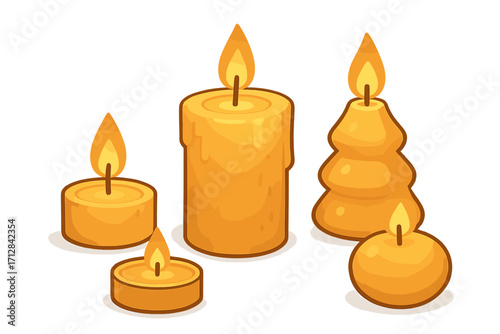 Candle light set vector cartoon illustration. Glowing warm wax candles for relaxation, ambiance, spa, meditation. Decorative fire flame icons in various shapes. Isolated.