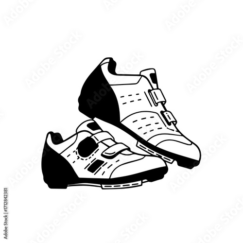 Pair of Black and White Cycling Shoes with Velcro Straps Isolated.