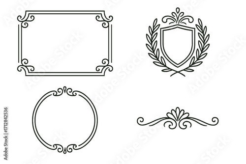 Elegant decorative frame and emblem set. Vintage line art borders, shield with laurel wreath, and flourishes for branding, logos, and wedding invitations. Classic vector ornament.