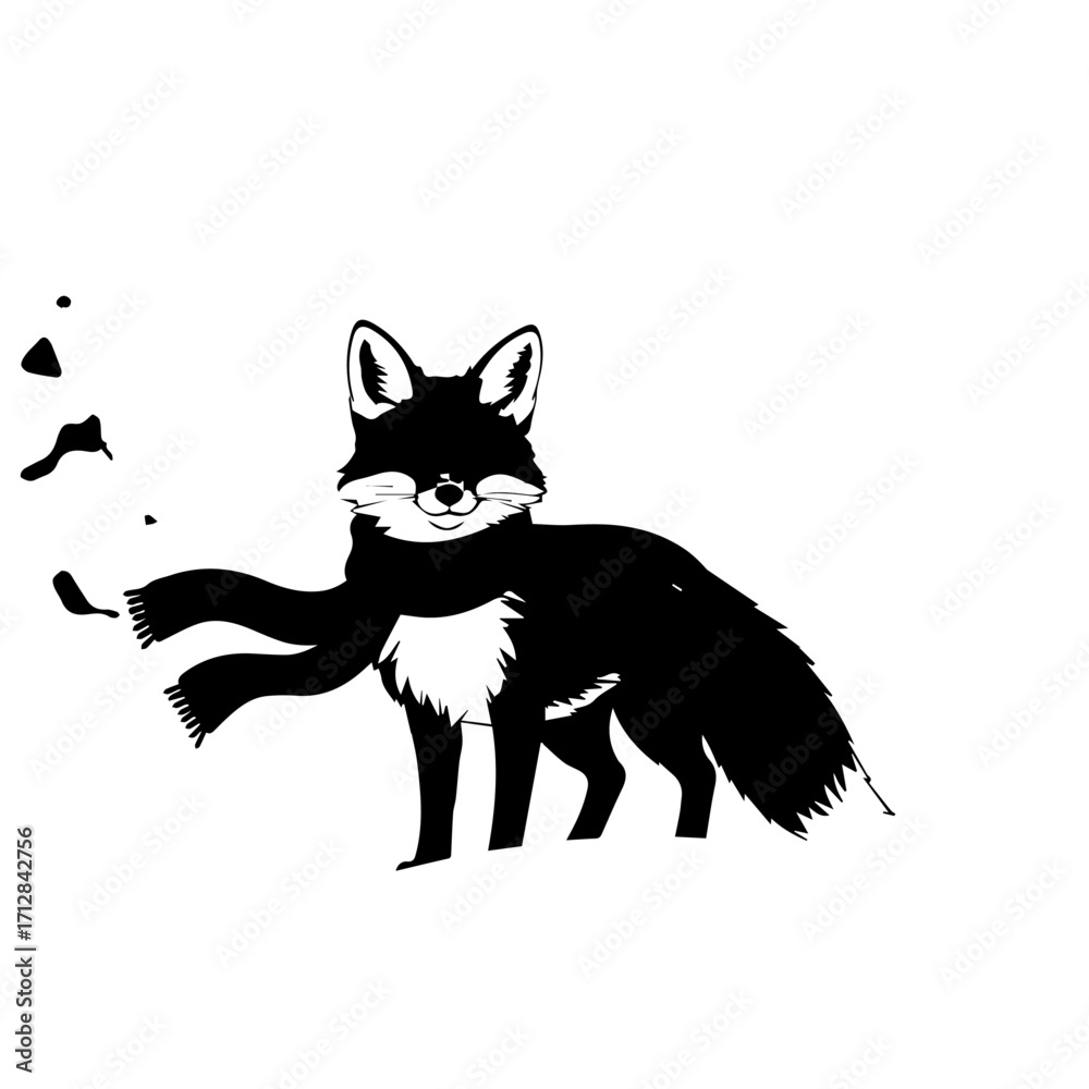 Obraz premium Stylized Black and White Illustration of a Fox Wearing a Scarf.