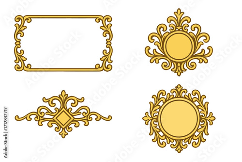 Gold baroque frame and emblem set. Golden vintage decorative border and cartouche collection. Elegant classic filigree ornament for luxury branding, wedding invitation design.