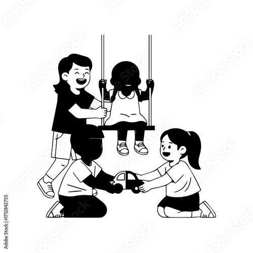 Children Playing and Interacting with Toys and Swing in a Play Area.