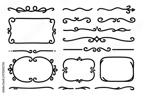 Hand-drawn doodle frames and text dividers set. Collection of vintage calligraphic lines, borders and sketch ornaments. Decorative swirls, flourishes for invitation design.