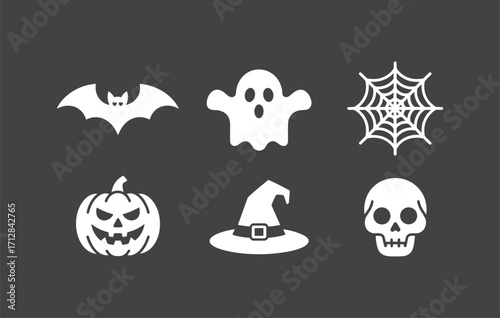 Set of six spooky Halloween icons including bat, ghost, spiderweb, pumpkin, witch hat, and skull silhouettes for decoration, stickers, posters, digital assets