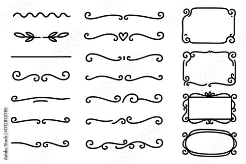 Hand drawn dividers and frames collection. Decorative calligraphic design elements set. Vector ornamental borders, flourishes for wedding invitations, certificates, and text decoration.