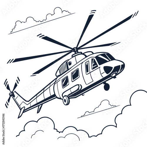 A detailed black and white illustration of a modern helicopter flying through fluffy clouds in the sky
