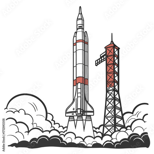 A powerful rocket launches from a launchpad amidst billowing clouds of smoke and fire