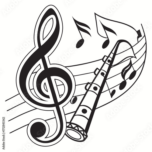 Black and white illustration of a treble clef musical notes and a clarinet on a staff