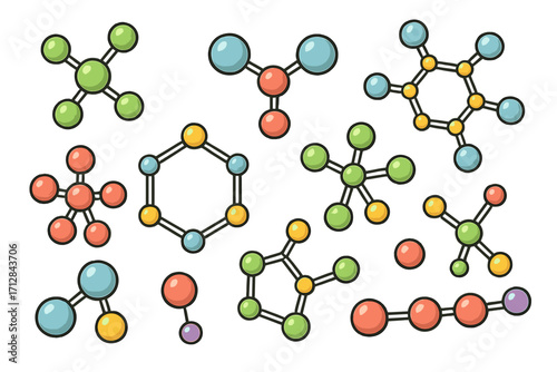 Set of colorful molecule and atom structures. Scientific chemistry concept. Vector illustration of chemical compounds, particles, and bonds for education and research design.
