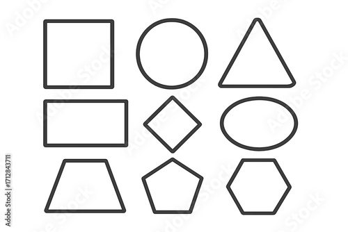 Basic geometric shapes icon set. Simple black outlines for educational purposes. Vector graphic of geometry figures for math learning. Includes square, circle, and triangle.