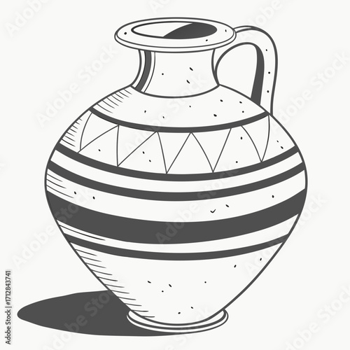 Hand drawn illustration of an ancient greek amphora with decorative geometric patterns and stripes
