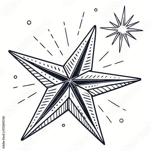 Hand drawn sketch of a nautical star with radiating lines and a smaller star in the background