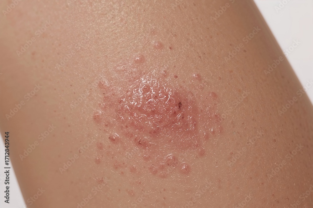 Fototapeta premium Leg joint covered with raised bumps, rash, insect bites, and pox-like lesions