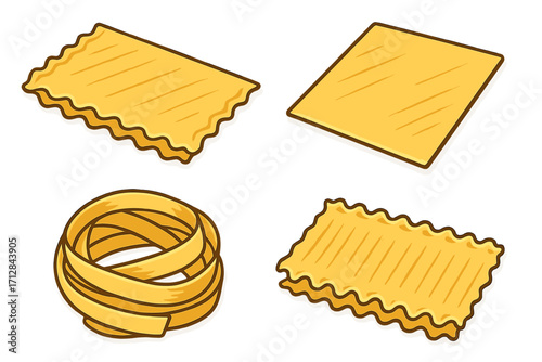 Set of different pasta shapes vector cartoon illustration. Uncooked Italian food ingredients like lasagna sheets, tagliatelle, and reginette for culinary and menu design.