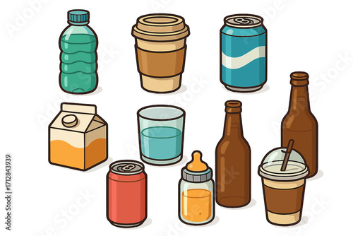 Beverage container icon set. Vector cartoon illustration collection. Drinks clipart with plastic bottle, coffee cup, soda can, milk carton, beer, glass, and baby bottle. Isolated graphic elements.
