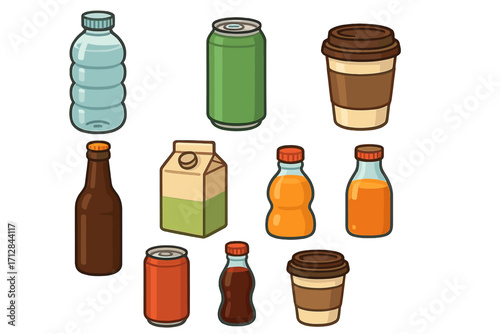 Beverage container vector icon set. Collection of cartoon drinks including water, soda, juice, coffee, beer, and milk bottles, cans, and cups. Isolated graphic elements.