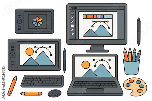 Digital art tools and creative design devices. Vector cartoon illustration set of a modern graphic designer workspace with computer, laptop, tablet, stylus and art supplies.