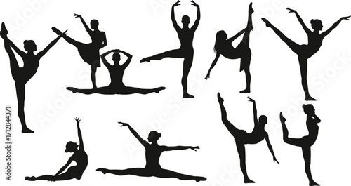 Ballet dancer silhouette, gymnastics pose vector, elegant female flexibility, split, arabesque, balance, black figure art, isolated movement illustration, graceful posture