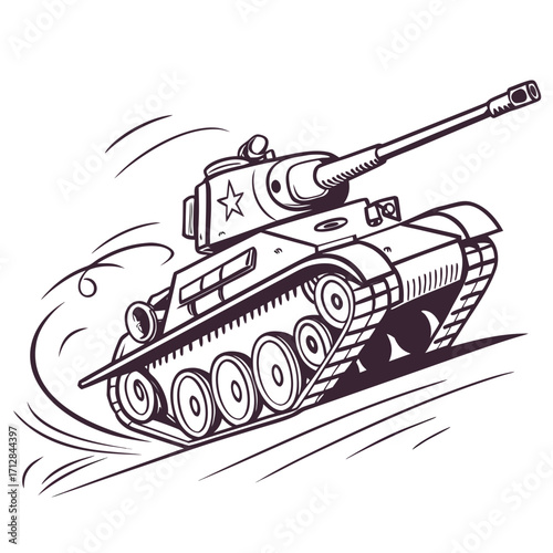 Stylized cartoon illustration of a military tank with a star emblem moving with speed lines