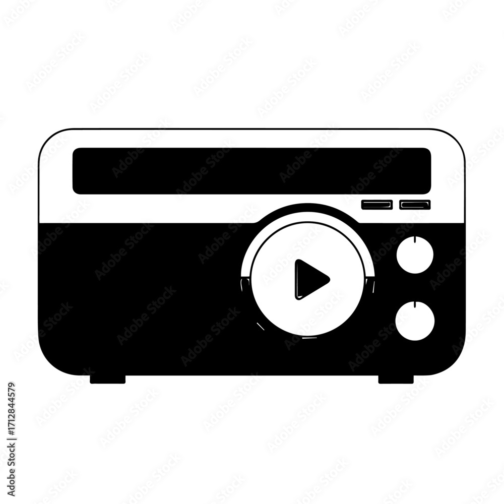 Obraz premium Simple Black and White Retro Radio Icon with Play Button and Knobs.