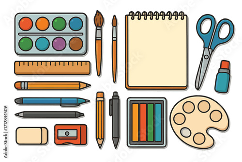 Vector set of drawing tools and art supplies. Creative workspace flat lay with stationery, paints, notebook, pencils, and brushes. School and office equipment cartoon icons.