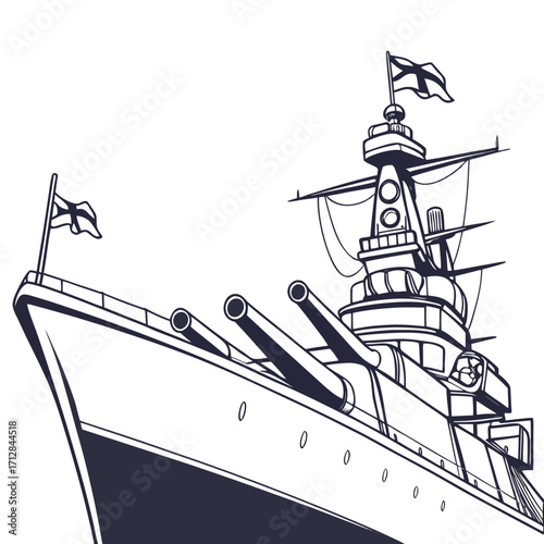 Stylized illustration of a powerful battleship with large cannons and flags flying high