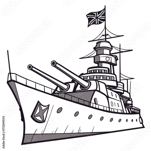 Stylized illustration of a powerful warship with large cannons and a union jack flag flying high