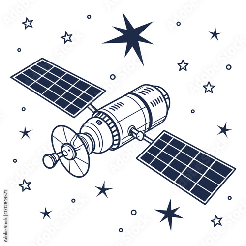 Stylized illustration of a satellite with solar panels orbiting among stars and celestial bodies in deep space