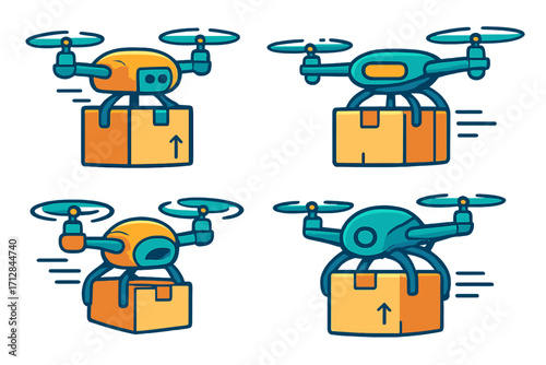 Drone delivery service vector icon set. Quadcopters carrying packages for shipping and logistics. Future of e-commerce with autonomous air transport technology cartoon.