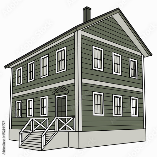 Stylized illustration of a two story green wooden house with a chimney and a front porch