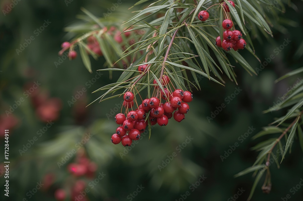 Obraz premium Red fruits on the Nandina plant against a natural backdrop