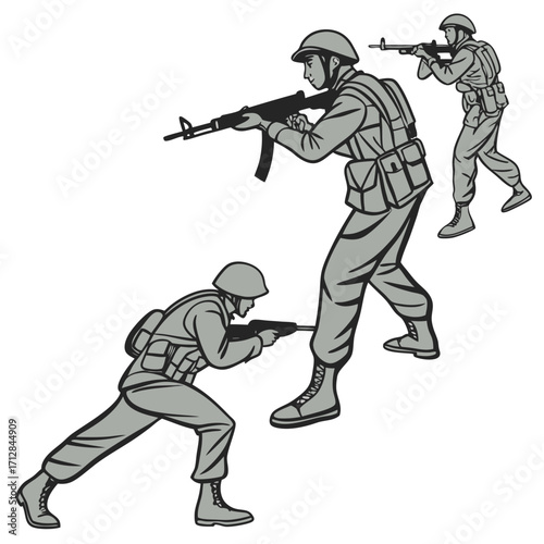 Three soldiers in tactical gear advancing with rifles in a dynamic military formation illustration