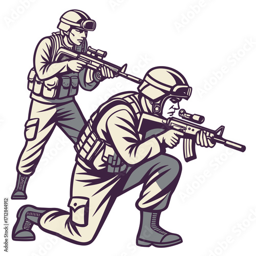 Two soldiers in tactical gear aiming their rifles in a defensive combat stance illustration