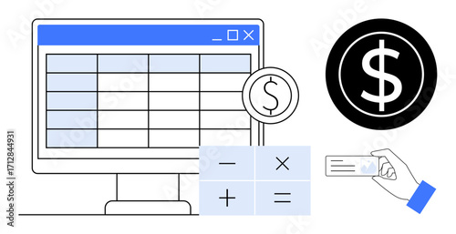 Computer screen displaying spreadsheet, oversized calculator, dollar symbol, and hand with credit card. Ideal for finance, budgeting, accounting, payment systems, money transactions e-commerce