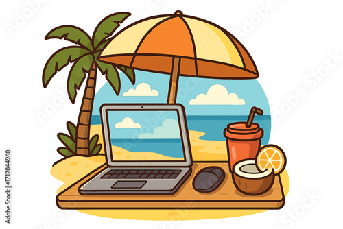 Digital nomad remote work on beach. Summer travel vacation with laptop computer. Freelance lifestyle office on tropical island with ocean view. Work from anywhere concept.