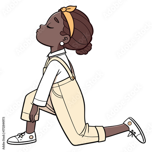 Young black girl in overalls and headband practicing yoga pose with eyes closed