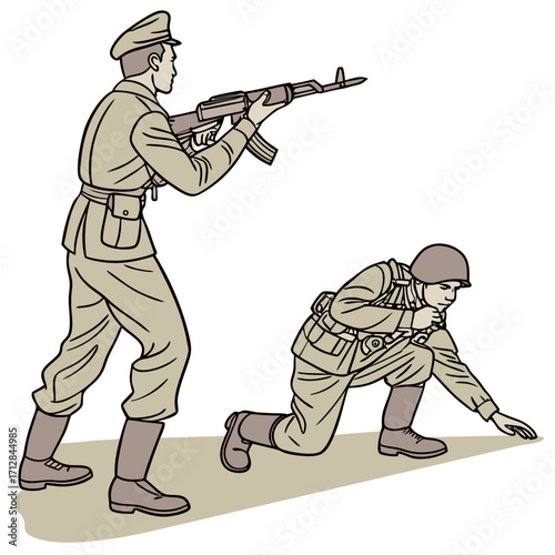 Two soldiers in uniform one standing aiming a rifle and the other in a crouched position on the ground