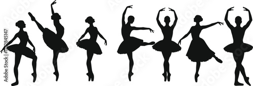 Ballet dancer silhouettes, classical dance poses, elegant ballerinas in tutu, pirouette and arabesque positions, graceful movement, vector illustration for stock content