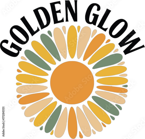 Golden Glow Text with Stylized Sun Flower on White Background lettering typography